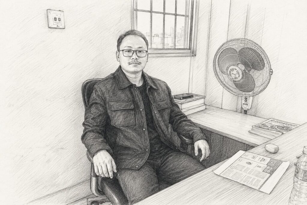 A pencil sketch of me sitting at my desk at work, wearing glasses and a dark shirt and jacket, with an office window, books, papers and a standing fan around me.