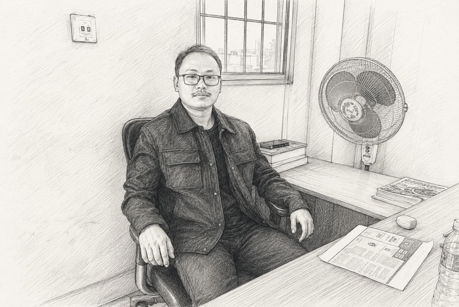 A pencil sketch of me sitting at my desk at work, wearing glasses and a dark shirt and jacket, with an office window, books, papers and a standing fan around me.