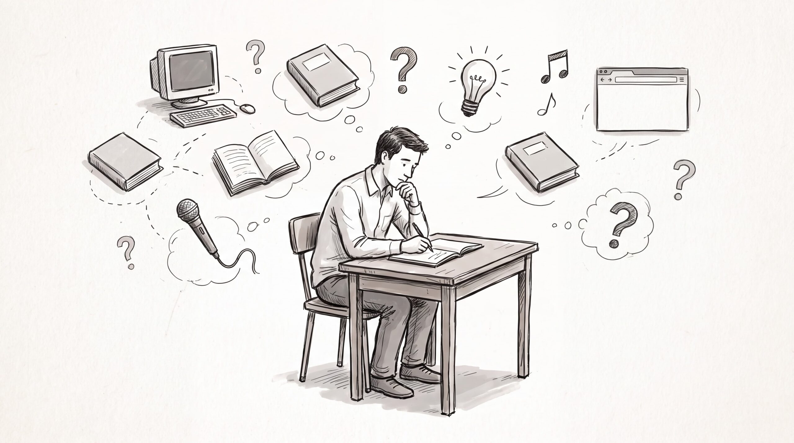 Hand-drawn sketch of a person sitting at a desk, writing and thinking, surrounded by books, a computer, music notes, a microphone, a lightbulb, and question marks.