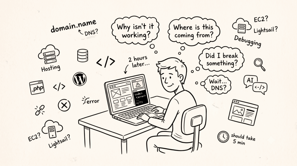 Hand-drawn sketch of a person building a website on a laptop, surrounded by doodles representing DNS, hosting, databases, PHP, WordPress, AWS, AI, debugging, and website errors.