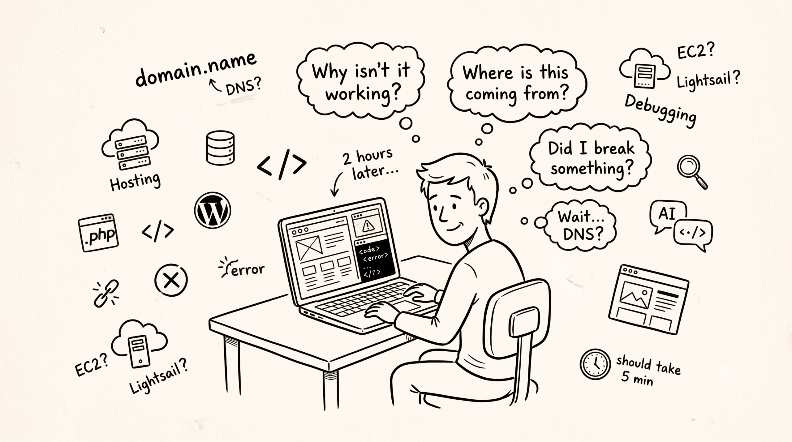 Hand-drawn sketch of a person building a website on a laptop, surrounded by doodles representing DNS, hosting, databases, PHP, WordPress, AWS, AI, debugging, and website errors.