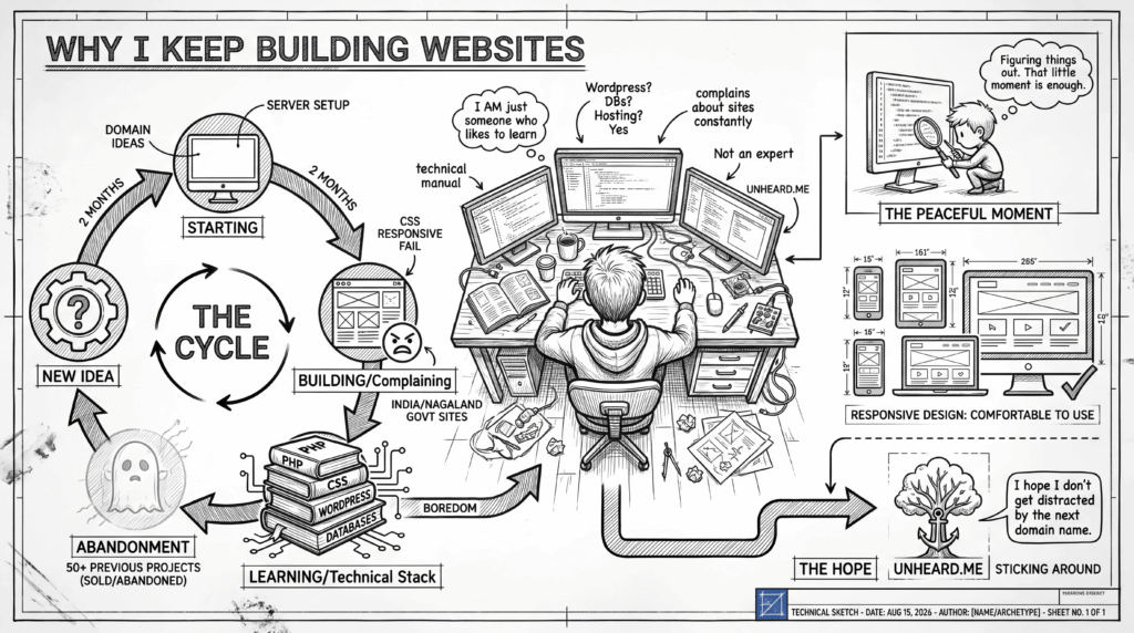 Technical sketch illustrating the cycle of building websites, from new ideas and domain names to learning, experimenting, frustration, abandonment, and starting again, with a person working at a computer and Unheard.me as the hope of finally sticking with one site.